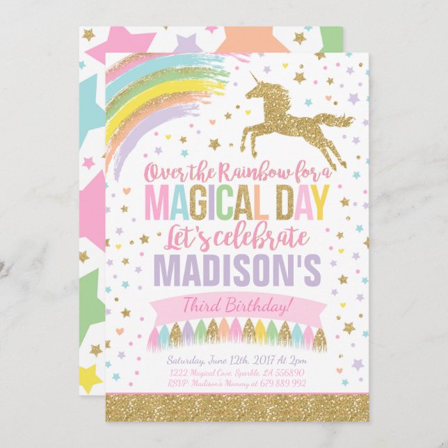 Unicorn Birthday Invitation Pink Gold Unicorn (Front/Back)