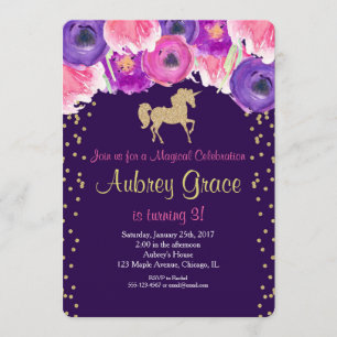Unicorn birthday invitation, pink purple gold invitation