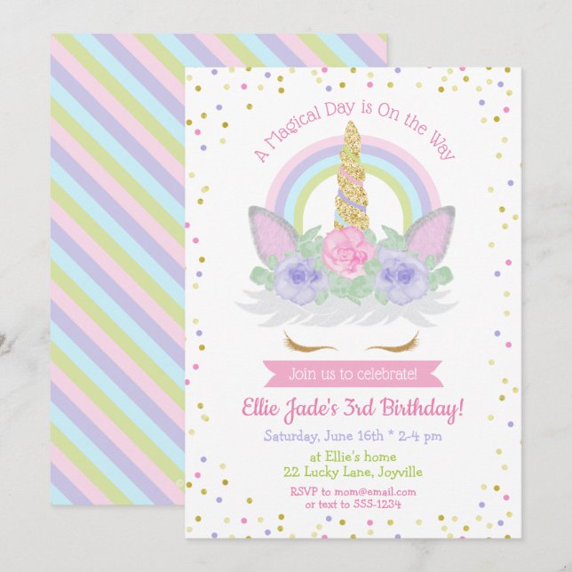Unicorn Birthday Invitation Pink & Purple Rainbow (Front/Back)