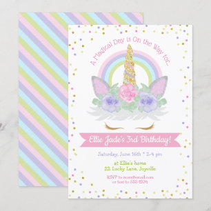 Unicorn Birthday Invitation Pink & Purple Rainbow