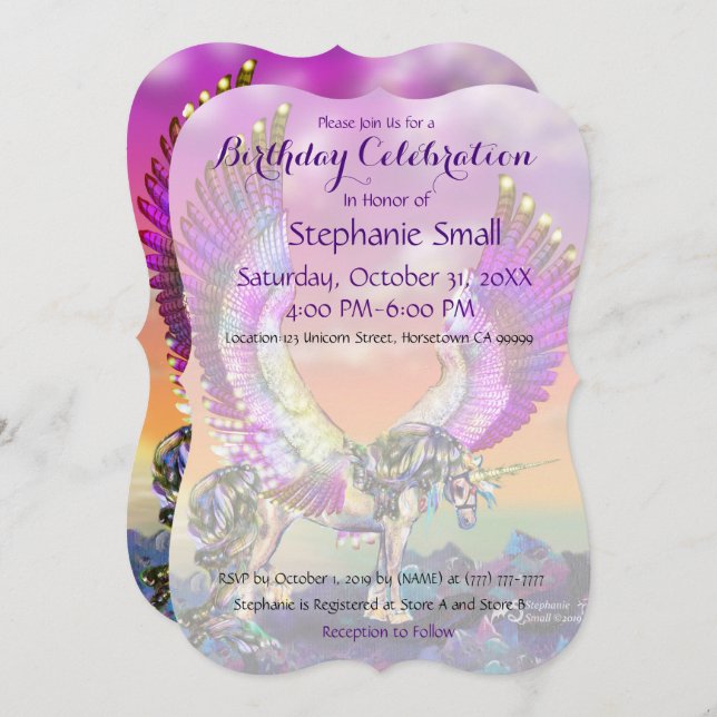 Unicorn Birthday Invitation Purple Blue Pink Horse (Front/Back)