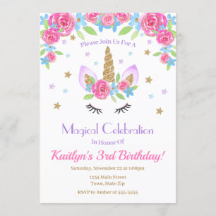 Unicorn Birthday Invitation, Rainbow Glitter Girl Invitation
