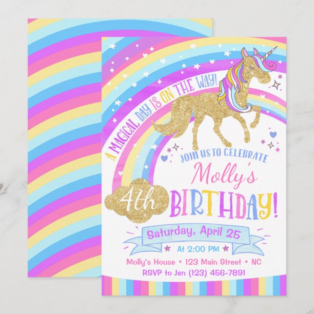 Unicorn Birthday Invitation Rainbow Invite (Front/Back)