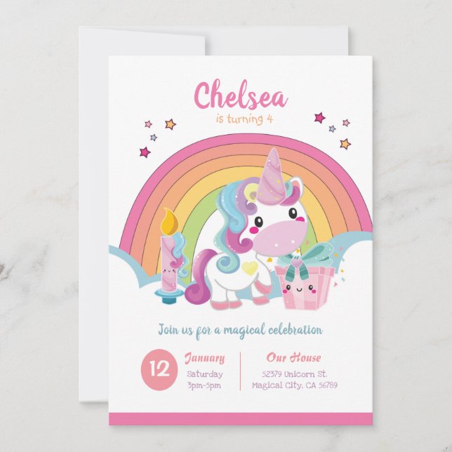 Unicorn Birthday Invitation Rainbow Party (Front)