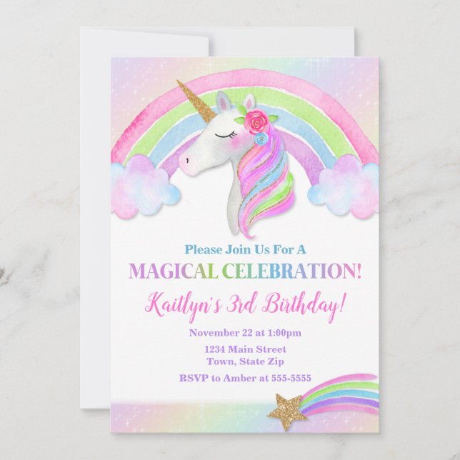 Unicorn Birthday Invitation, Rainbow Unicorn Girl Invitation (Front)
