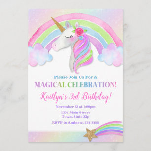Unicorn Birthday Invitation, Rainbow Unicorn Girl Invitation