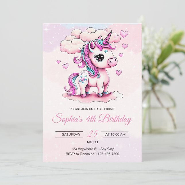 Unicorn Birthday Invitation Rainbow Unicorn Girls (Standing Front)