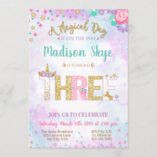 Unicorn Birthday Invitation Third Birthday