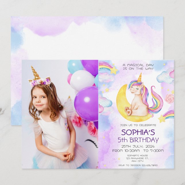 Unicorn Birthday Invitation, Unicorn Party Invitation (Front/Back)
