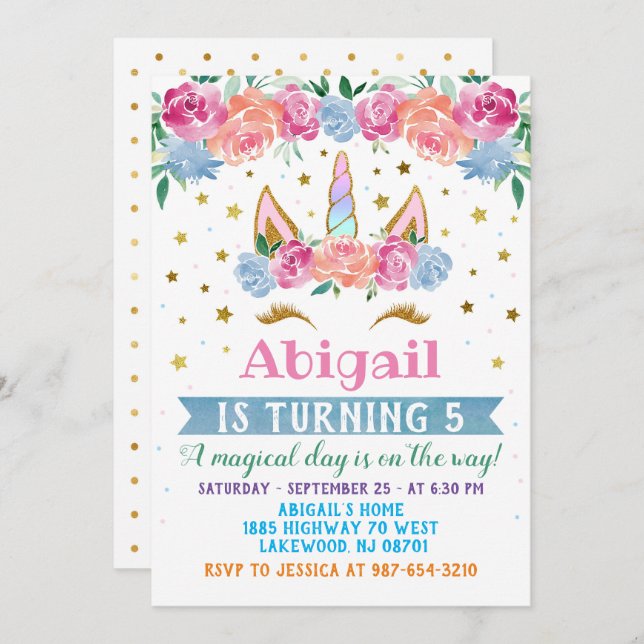 Unicorn Birthday Invitation, Unicorn party invite (Front/Back)