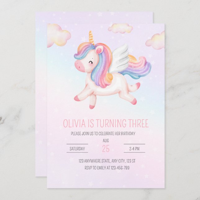 Unicorn Birthday Invitation, Unicorn Rainbow Party Invitation (Front/Back)