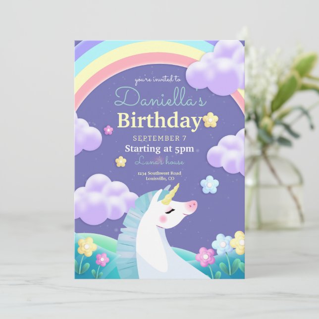 Unicorn Birthday Invitation, Unicorn Rainbow Party Invitation (Standing Front)