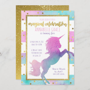 Unicorn Birthday Invitation   Watercolor Glitter