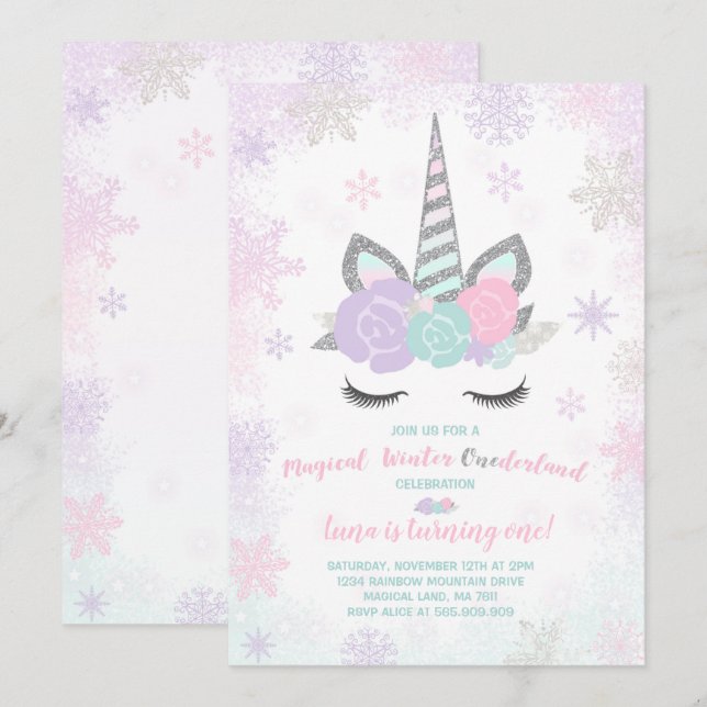 Unicorn Birthday Invitation Winter Unicorn Party (Front/Back)