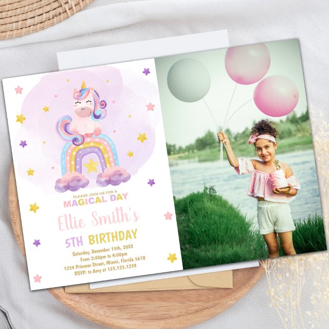 Unicorn Birthday Invitation with Photo (Watercolor Rainbow Unicorn Birthday Invitations ph)