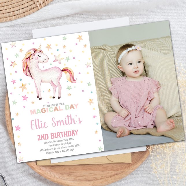 Unicorn Birthday Invitation with Photo (Star Unicorn Birthday Invitations with photo)