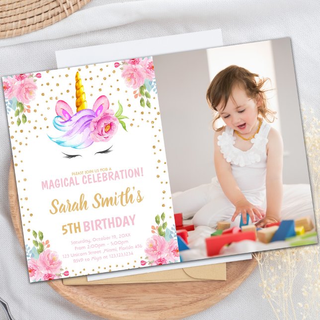 Unicorn Birthday Invitation with Photo (Unicorn birthday birthday invitations with photo)