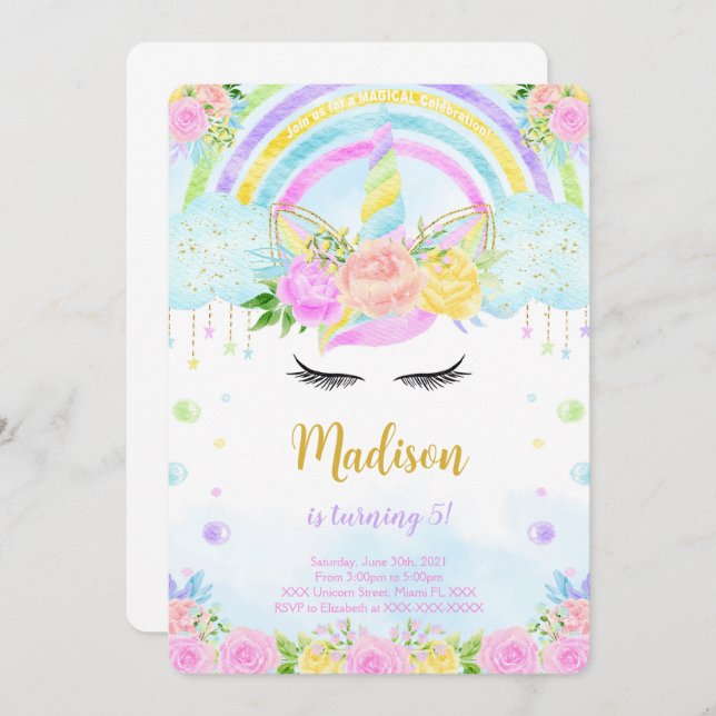 Unicorn Birthday Invitations (Front/Back)