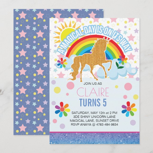 Unicorn Birthday Invitations for Kids (Front/Back)