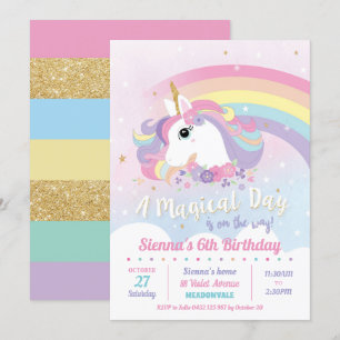 Unicorn Birthday Invitations Rainbow Girl