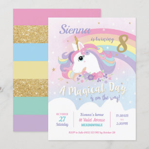 Unicorn Birthday Invitations Rainbow Girl