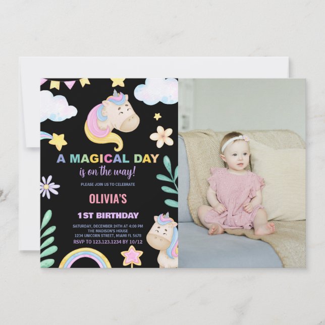 Unicorn Birthday Invitations with photo (Front)