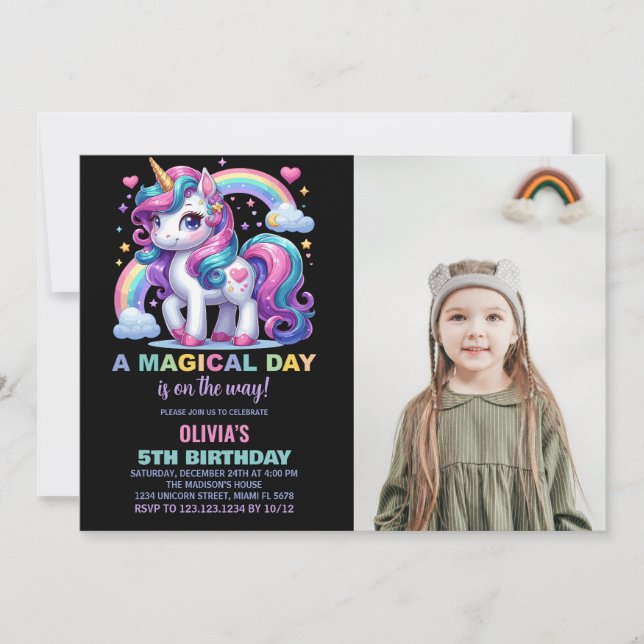 Unicorn Birthday Invitations with photo (Front)