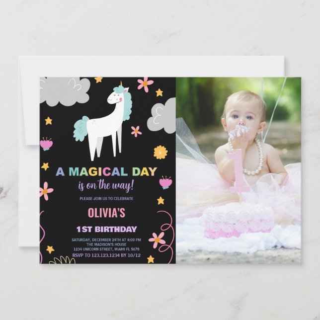 Unicorn Birthday Invitations with photo (Front)