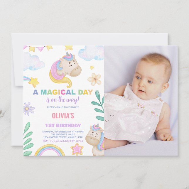Unicorn Birthday Invitations with photo (Front)