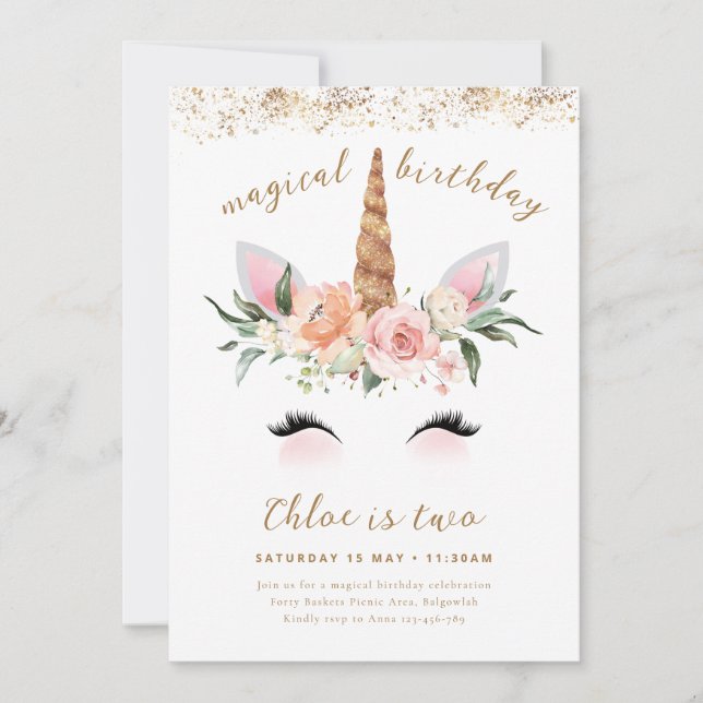 Unicorn Birthday Invite, Floral Pink Gold Unicorn  Invitation (Front)