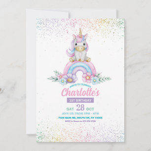 Unicorn Birthday Invite Girl Rainbow Glitter Cute