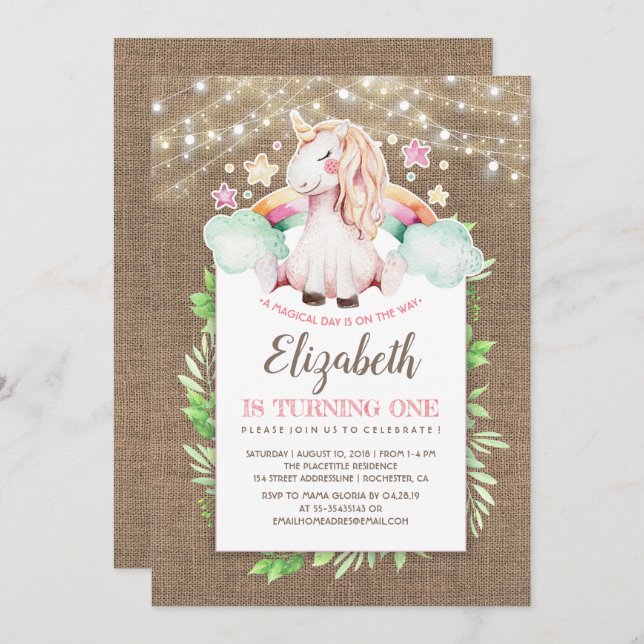 Unicorn Birthday | Magical and Rustic Invitation (Front/Back)