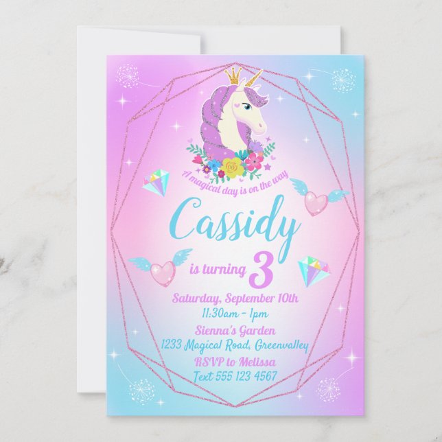 Unicorn Birthday Magical Glitter Rainbow Invitation (Front)