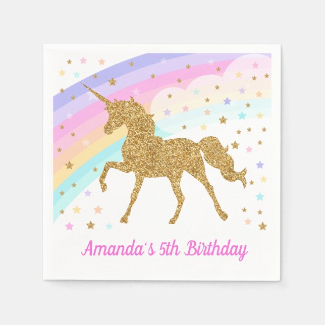 Unicorn Birthday Paper Napkin Pink & Gold (Front)