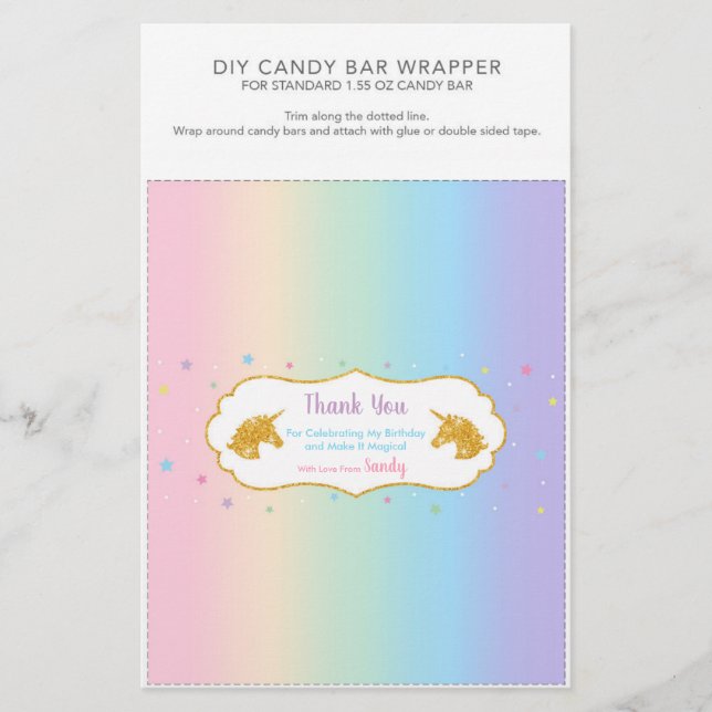 Unicorn Birthday Party 1.55 oz Candy Bar Wrapper (Front)