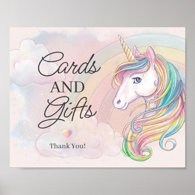 Unicorn birthday party cards and gifts sign (Front)