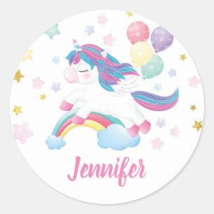Unicorn Birthday Party Favour Customised Name Classic Round Sticker