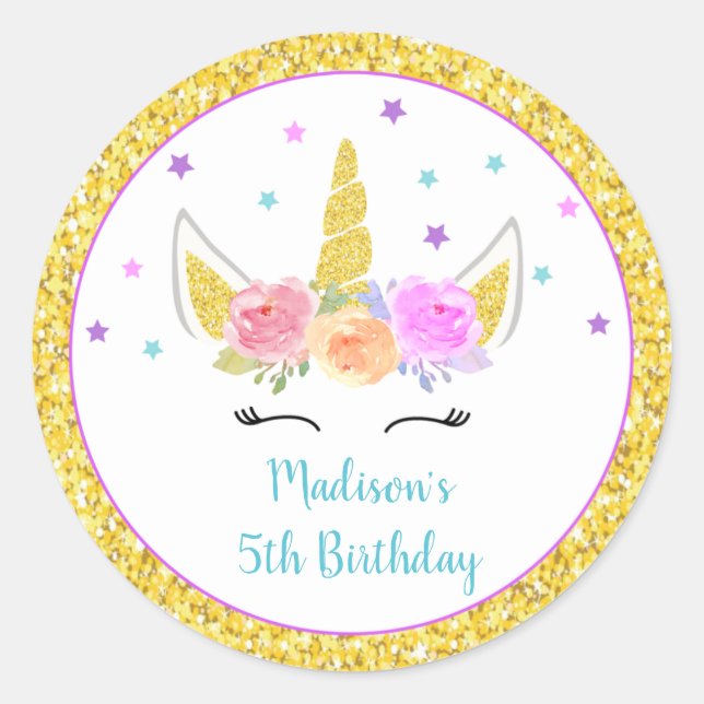 Unicorn Birthday Party Favour Stickers (Front)