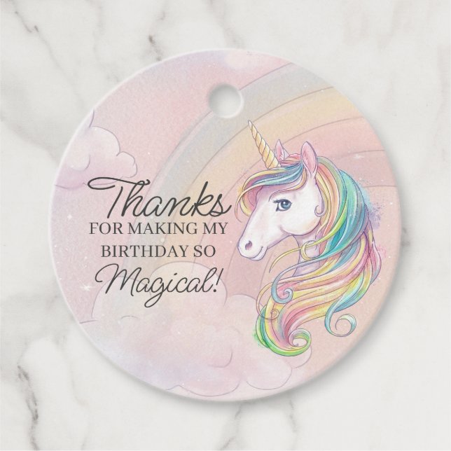 Unicorn birthday party favour tag (Front)