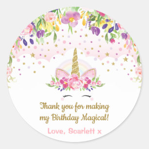 Unicorn Birthday Party Favours Pink Gold Floral Classic Round Sticker