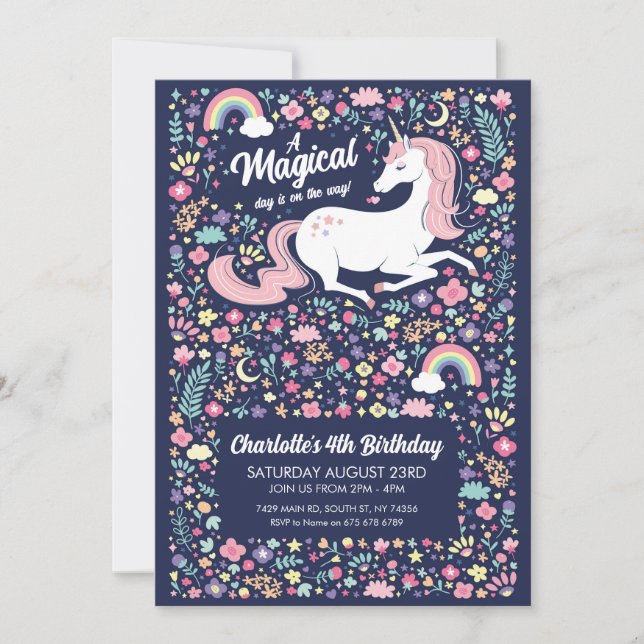Unicorn Birthday Party Floral Pink Navy Girls  Invitation (Front)