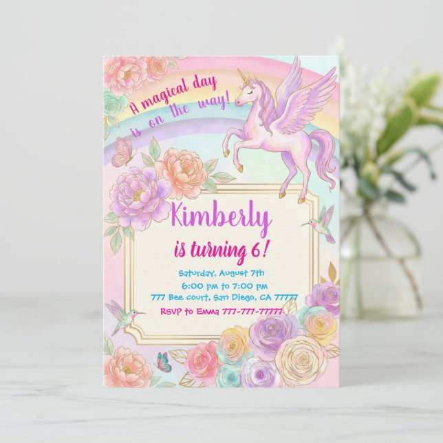 Unicorn Birthday Party Flowers Invitation (Standing Front)