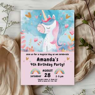 Unicorn Birthday Party for Girls Pink Invitation