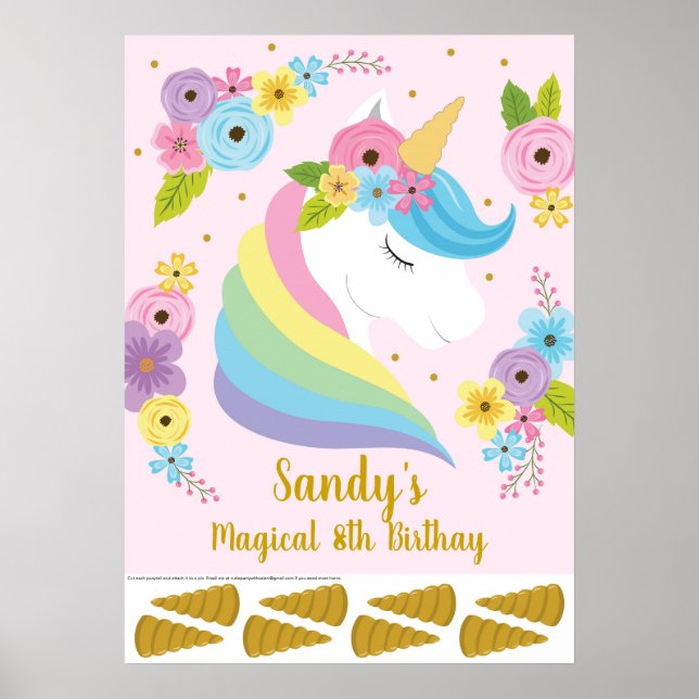 Unicorn Birthday Party Game | Pin The Tail Game Poster (Front)