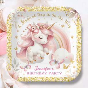 Unicorn Birthday Party Girl Blush Pink & Gold Paper Plate