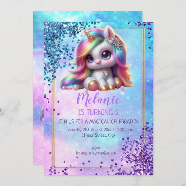 Unicorn Birthday Party Girl Invitation (Front/Back)