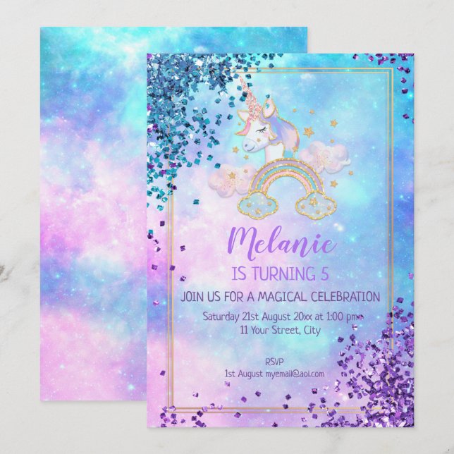 Unicorn Birthday Party Girl Invitation (Front/Back)