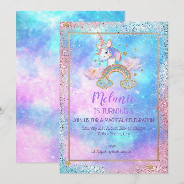 Unicorn Birthday Party Girl Invitation (Front/Back)