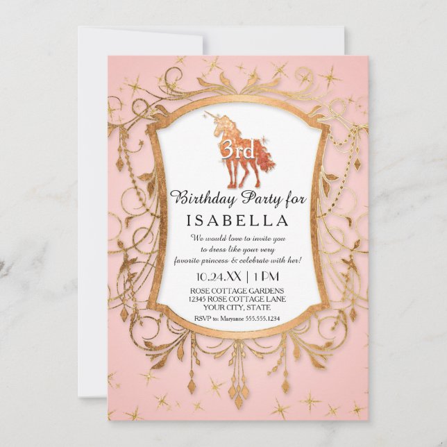 Unicorn Birthday Party Girl Princess Rose Gold Invitation (Front)