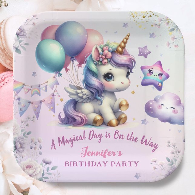 Unicorn Birthday Party Girl Purple & Gold Paper  Paper Plate (Creator Uploaded)